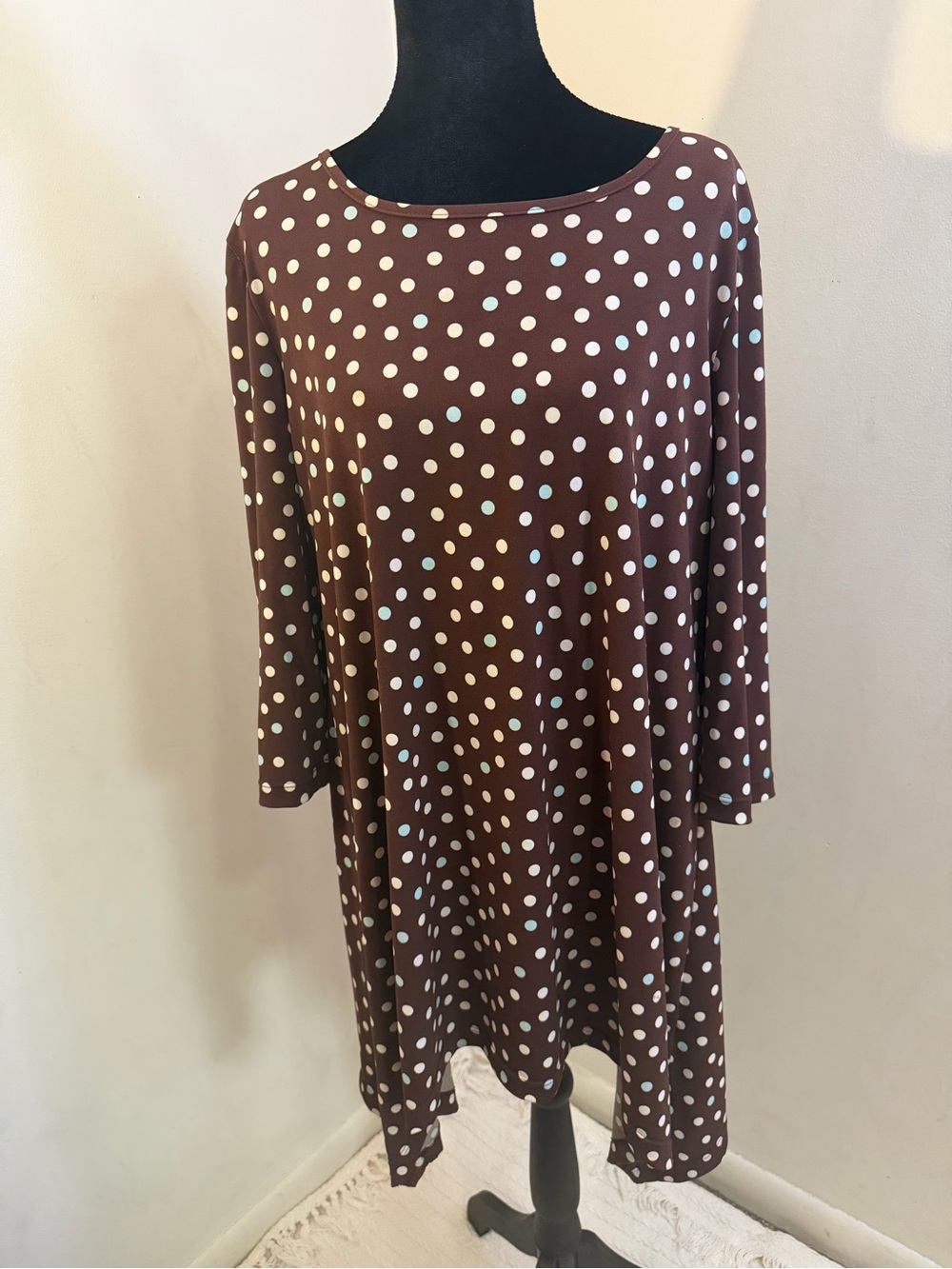 Polka Dot Midi Dress in Brown and White - Flowy Three-Quarter Sleeve